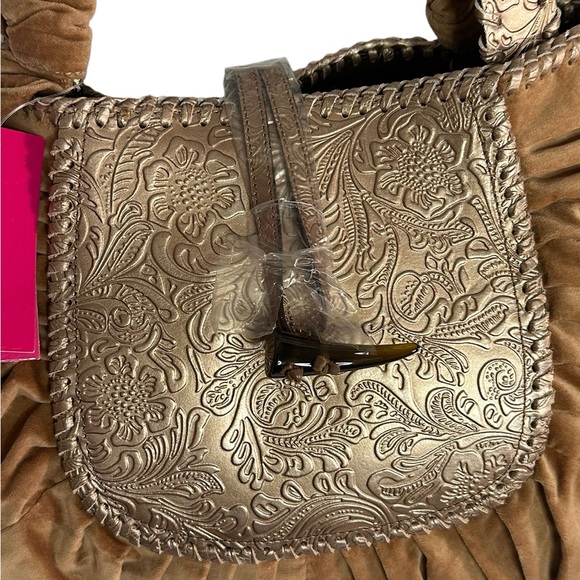 NWT BCBGIRLS  Caramel Genuine Leather and Fabric Shoulder Bag - Picture 3 of 11